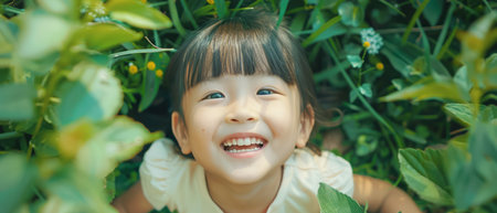 A young female child is joyfully smiling directly at the camera, displaying happiness and innocence. She has a bright expression on her face as she poses for the photo.の素材