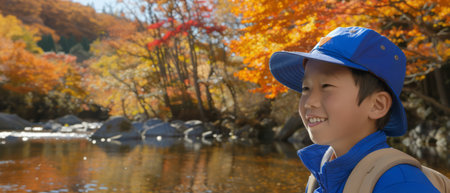 A young boy wearing a blue hat stands in front of a river. He looks out at the water, surrounded by natures beauty.の素材