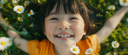 A young girl is laying down in a field of white and yellow daisies. She is surrounded by the vibrant flowers, with a clear blue sky overhead.の素材