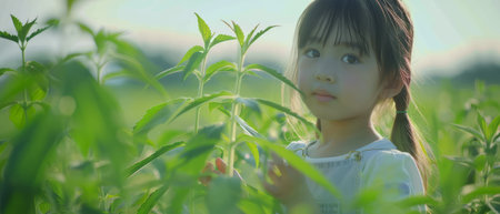 A young girl stands in a vast field of tall grass, her figure small against the backdrop of the green landscape. The sunlight illuminates her hair as she gazes out into the distance.の素材