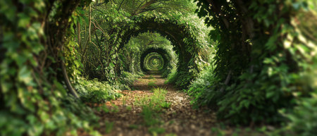 A tunnel stretches through the dense foliage of a lush green forest. The tunnel appears man-made, cutting through the natural landscape of trees and undergrowth. Light filters through the canopy, illuminating the path ahead.の素材