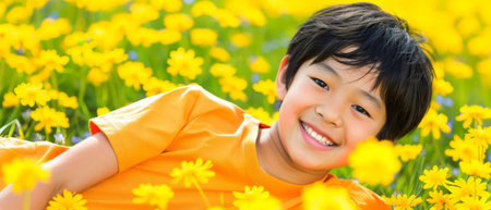 A young boy is lying down in a field filled with vibrant yellow flowers. He seems to be relaxing and enjoying the beauty of nature surrounding him.の素材