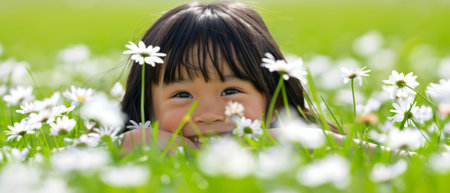 A young female child is reclining in a lush expanse of white and yellow daisies, surrounded by the vibrant blooms. She appears and relaxed content in the natural setting.の素材