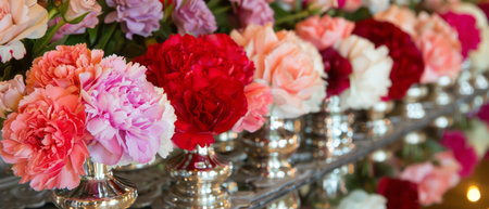 A row of vases sits on a table, each overflowing with vibrant pink and red flowers. The flowers stand tall within the vases, creating a colorful and lively display.の素材