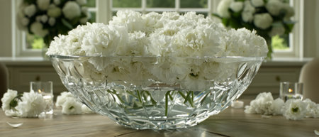 A glass bowl filled with white flowers sits atop a wooden table, creating a simple yet elegant centerpiece. The delicate petals contrast beautifully with the dark wood, adding a touch of freshness to the decor.の素材