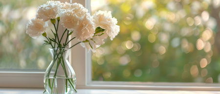 A white vase filled with a vibrant assortment of flowers, including roses, daisies, and tulips, sits on a wooden window sill. Sunlight streams through the window, casting a soft glow on the flowers.の素材