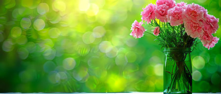 A pink vase filled with delicate flowers rests on top of a wooden table. The vibrant pink blooms provide a pop of color against the neutral background.の素材