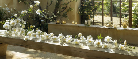A wooden bench covered with delicate white flowers in full bloom, creating a serene and inviting atmosphere. The contrast of the rustic bench against the pure white blossoms creates a harmonious scene.の素材