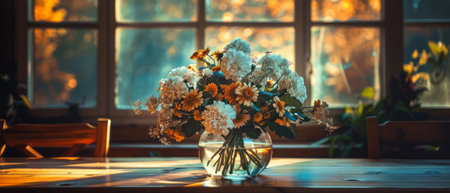 A vase filled with vibrant flowers sits prominently on top of a sturdy wooden table. The colorful blooms contrast beautifully with the natural grain of the table, creating a simple yet striking visual display.の素材