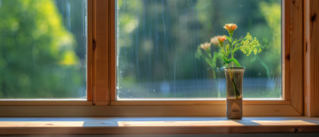 A clear glass vase filled with a colorful assortment of flowers, including roses, daisies, and tulips, is placed on a white window sill. The natural light from outside highlights the vibrant hues of the blooms.の素材