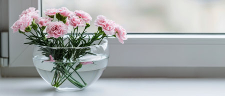 A clear vase is filled with water and vibrant pink flowers that are gracefully floating at the surface. The delicate petals and green stems create a beautiful and calming display.の素材
