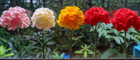 A row of vibrant and diverse flowers neatly arranged on top of a window sill, showing a variety of shapes, colors, and sizes under natural light.の素材