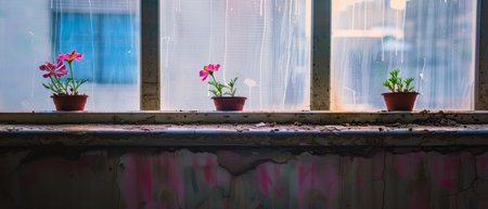 Three potted flowers are arranged neatly on a window sill. The colorful blooms add a touch of nature to the indoor space, receiving sunlight through the window.の素材