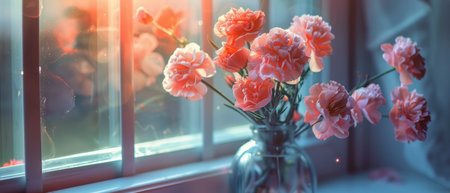 A clear glass vase filled with vibrant pink flowers sits on a wooden windowsill, illuminated by natural light streaming through the window. The delicate petals of the flowers contrast beautifully with the green stems and leaves, creating a lovely and refreshing scene.の素材