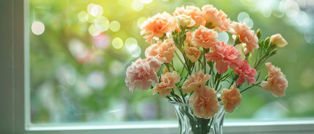 A ceramic vase sits on a white window sill, filled with a vibrant mix of pink and orange flowers. The sunlight pouring in highlights the intricate petals and green leaves.の素材