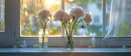 Two vases filled with colorful flowers sitting on a window sill. The sunlight illuminates the petals, casting a warm glow in the room.の素材