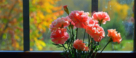 A vase filled with delicate pink flowers is positioned next to a window, allowing natural light to illuminate the petals. The room appears to be bright and airy, creating a simple yet elegant display of nature indoors.の素材