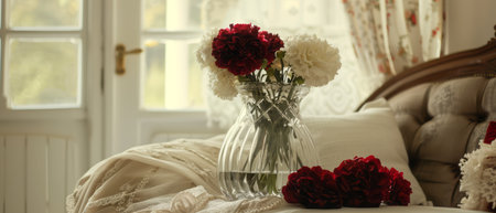 A glass vase is filled with a mix of red and white flowers, creating a vibrant and colorful display. The red and white petals intertwine beautifully as they are arranged in the glass container.の素材