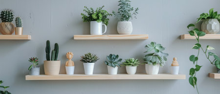 Multiple potted plants are arranged neatly on a shelf, showcasing a variety of greenery and plant types in a carefully organized display.の素材