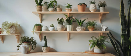 Multiple potted plants are neatly arranged on wooden shelves. The shelves are filled with greenery, creating a vibrant display of various plant types in pots.の素材