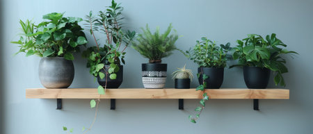 A row of potted plants arranged neatly on top of a wooden shelf. Each plant sits in its own container, showing a variety of green foliage and different sizes. The shelf is sturdy and well-maintained, providing a perfect display space for the plants.の素材