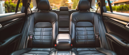 The interior of a car is shown, featuring sleek black leather seats. The seats are elegantly designed, providing comfort and a luxurious aesthetic to the vehicle. The contrast between the black seats and the rest of the cars interior adds a sophisticated touch.の素材