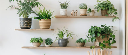 A collection of various plants neatly placed on shelves, creating a vertical garden indoors. The different types of green foliage provide a pop of color in the room.の素材
