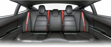 The back seats of a car are shown with vibrant red trims. The seats are upholstered in dark fabric, contrasting with the bold red accents, creating a striking visual effect.の素材