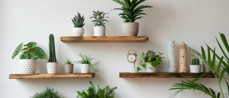 Three wooden shelves are mounted on the wall, each adorned with various potted plants and a vintage clock. The shelves are neatly arranged, creating a visually pleasing display in the room.の素材