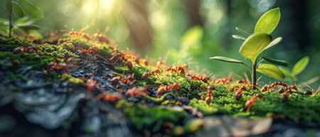A close-up view of a plant showing new growth emerging from a mossy surface. The intricate textures of the moss and plant intertwine, highlighting the symbiotic relationship between them in a natural setting.の素材