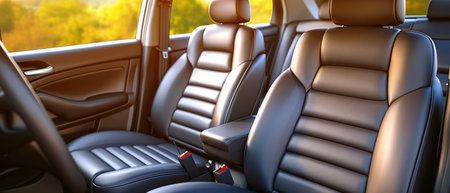 The interior of a car featuring plush leather seats, a sleek dashboard, and modern controls. The soft, supple leather provides a comfortable and elegant driving experience.の素材
