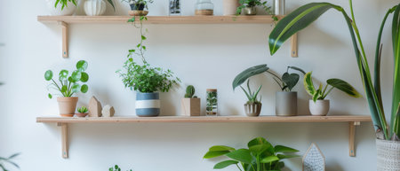 A shelf filled with various potted plants is displayed against a wall in a room. The plants vary in size, shape, and type, bringing a touch of greenery indoors.の素材
