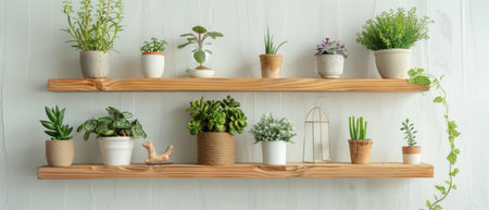 A wooden shelf mounted on a wall is overflowing with various potted plants, creating a green and lively display indoors. The plants are neatly arranged in pots of different sizes and shapes, adding a touch of nature to the room.の素材