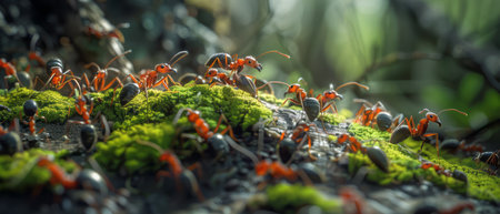 A group of red ants moving and foraging on a green and damp mossy surface in a close-up shot. The ants are actively exploring their environment and possibly searching for food.の素材