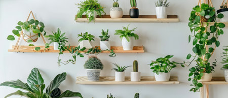 A collection of various houseplants in pots are neatly arranged on wooden shelves against a white wall. The green foliage and different shapes and sizes of the plants create a visually pleasing display.の素材