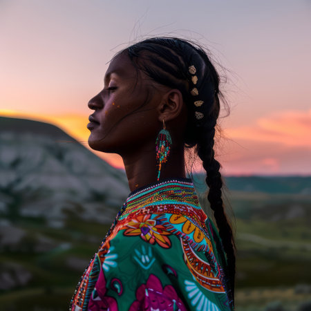 A woman with braids is standing in front of a vibrant sunset, her silhouette outlined against the colorful sky. She gazes at the horizon, her hair gently blowing in the breeze.の素材