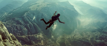 A man is seen jumping off a high cliff towards the water below. He is mid-air, with arms extended. The water is clear and deep.の素材
