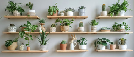 A variety of potted plants of different shapes and sizes are neatly displayed on a wooden shelf. The greenery adds a touch of nature to the indoor space, creating a vibrant and lively atmosphere.の素材
