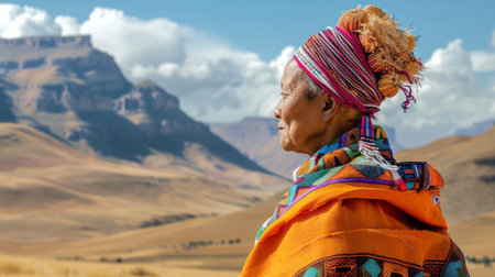 A woman wearing a vibrant, colorful headdress stands confidently in front of a majestic mountain range. The contrast between her attire and the rugged landscape creates a striking visual.の素材