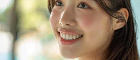 A detailed view of an individual with a radiant smile on their face, showing joy and happiness in their expression.の素材