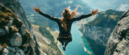 A woman is airborne above a cliff, mid-jump as she descends towards the water below. Her body is stretched out with arms spread wide, showing a daring and exhilarating leap.の素材