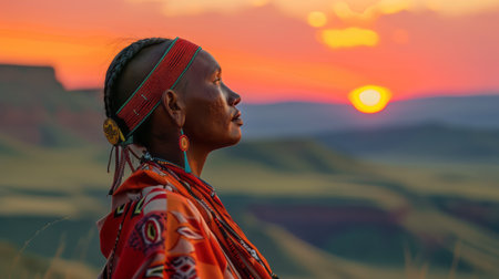 A Native American man is depicted standing in front of a vibrant sunset. The man is wearing traditional attire and is gazing towards the horizon as the sun sets behind him, creating a striking silhouette against the colorful sky.の素材