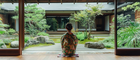A woman in traditional Japanese attire, a kimono, standing next to a window and gazing outside.の素材