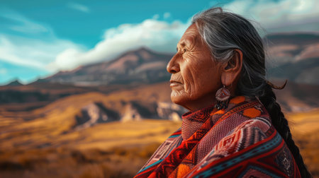 An elderly Native American woman stands in front of a majestic mountain backdrop. She is dressed in traditional attire, with weathered features that tell a story of wisdom and resilience. The mountain looms in the distance, casting a powerful presence over the scene.の素材
