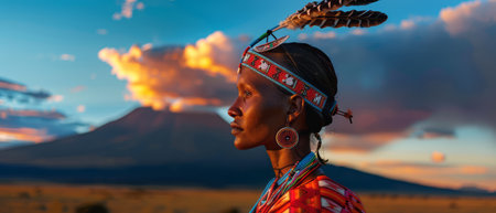 A Native American woman stands proudly in front of a towering mountain, adorned with a traditional feathered headdress. She gazes out with a dignified expression, embodying a strong connection to her cultural heritage and the land around her.の素材