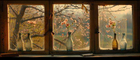 Two vases are placed on a rustic wooden window sill, illuminated by natural light from the outside. The vases intricate designs contrast against the simplicity of the background.の素材