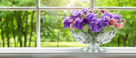 A vase filled with purple flowers sits elegantly on a window sill, brightly catching the sunlight. The delicate petals contrast beautifully with the rustic wooden backdrop.の素材