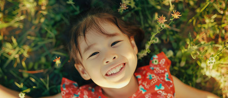A young female child is lying down on green grass, looking up with a bright smile on her face. She appears joyful and carefree, enjoying the moment outdoors.の素材