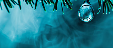 A single drop of water is suspended from a pine tree branch, glistening in the sunlight. The drop appears ready to fall, showing the delicate balance of nature.の素材