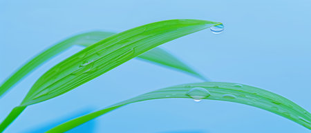 A close-up view of a vibrant green plant covered in glistening water droplets. The intricate leaves and veins are sharply in focus, capturing the natural beauty and freshness of the plant after a rain shower.の素材